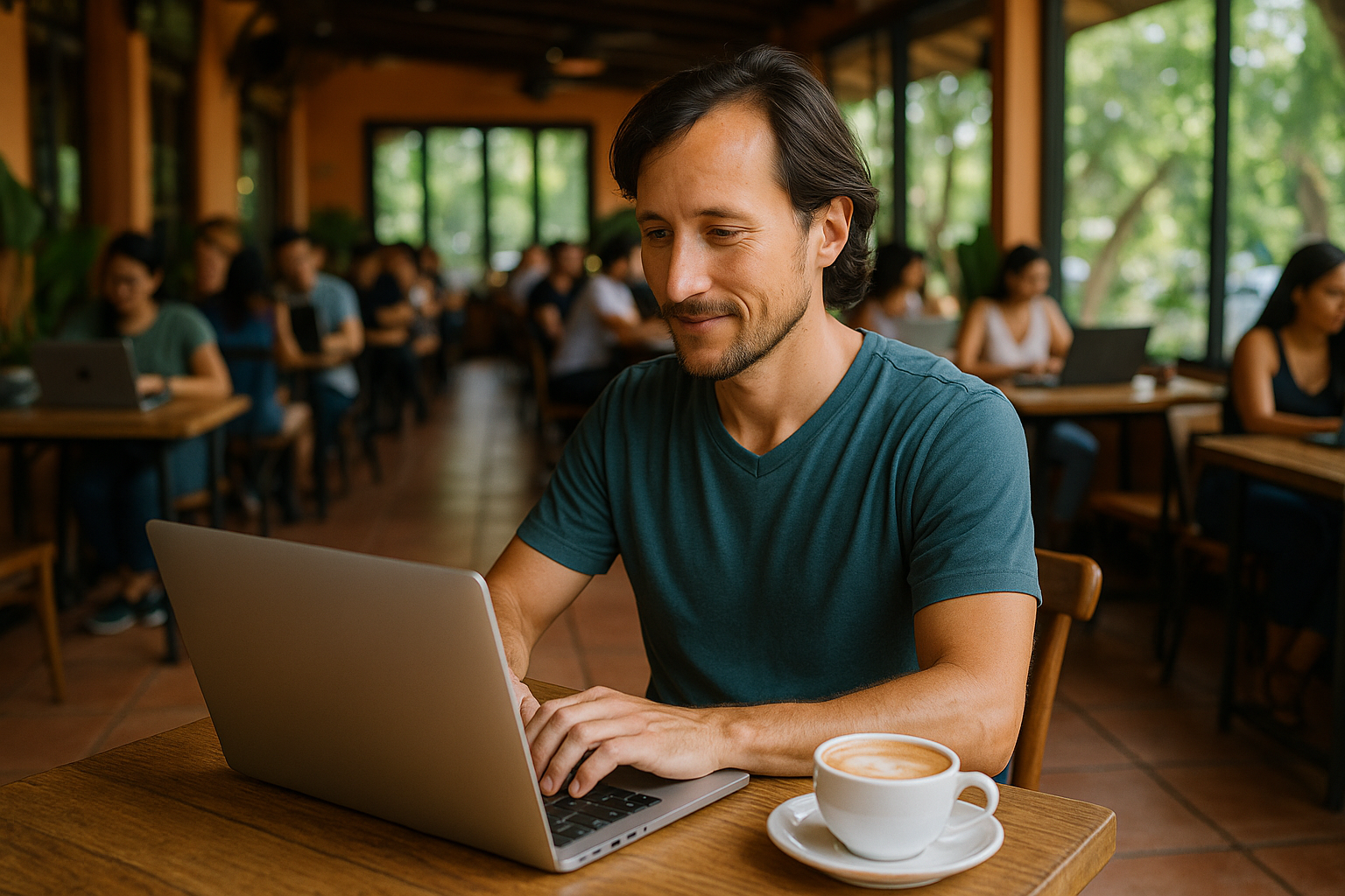 Hombre trabajando en café al aire libre